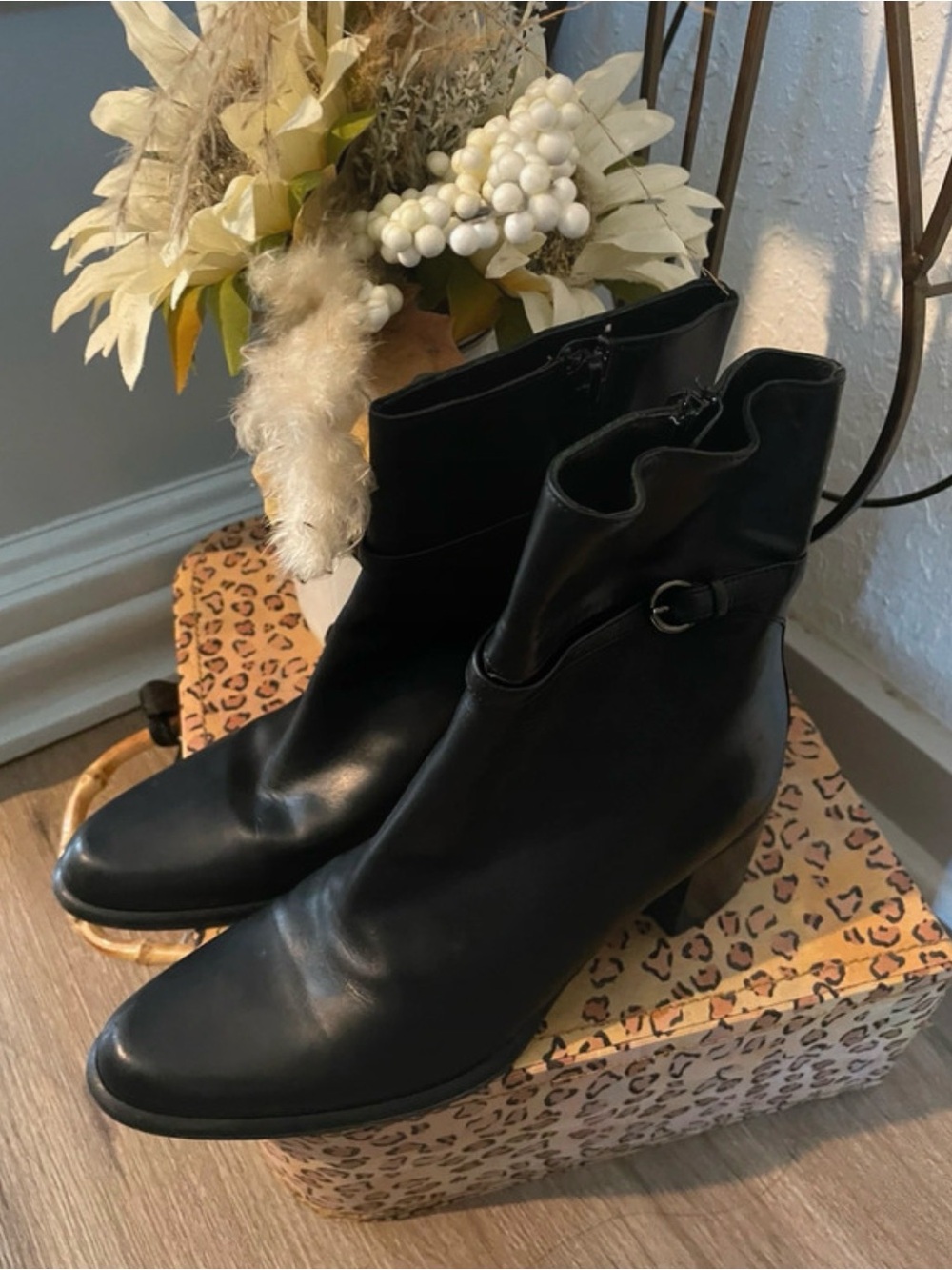 Studio Black Leather Ankle Booties with Side Buckle